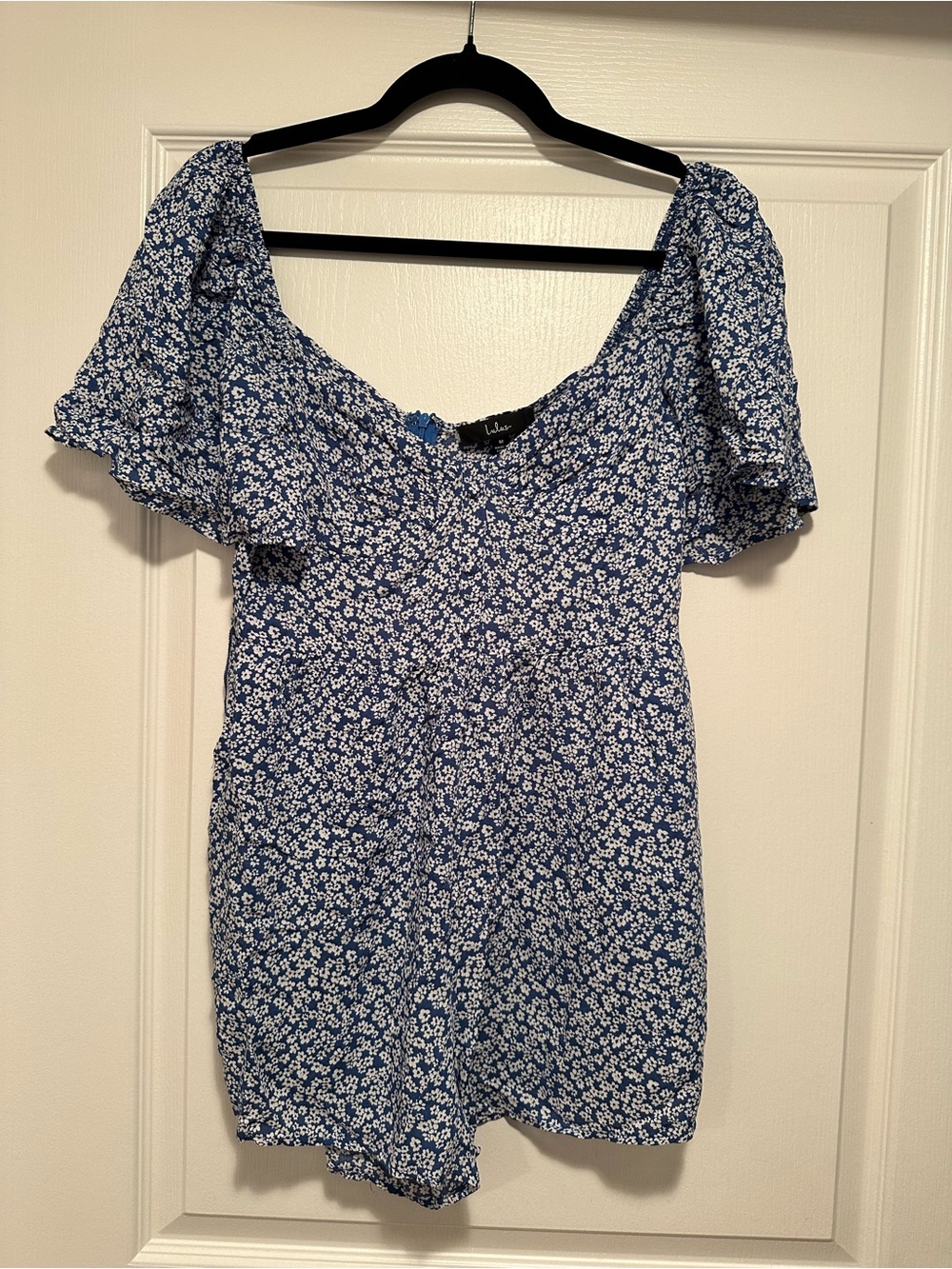 Blue Floral Shorts Romper with Puff Sleeves